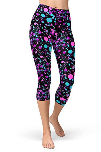 sissycos Damen Artistic Print Capri Leggings, 80er Jahre Hohe Taille Tie Dye Splash Sanft 3/4 Hosen(Rose Red Splatter,S-L) von sissycos