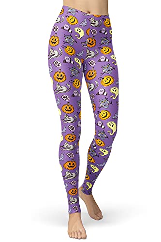 sissycos Damen Halloween Geister Kürbis 3D Druck Leggins Yoga Tights Fitness Joggen Sporthose-Lila-L-XXL von sissycos