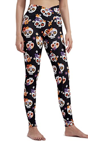 sissycos Damen Halloween Leggings Bedruckte Bunte Horror Skinny Soft Stretch Lang Hose(Blumen-Zucker-Totenköpfe,L) von sissycos