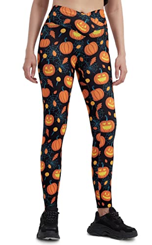 sissycos Damen Halloween Leggings Bedruckte Bunte Horror Skinny Soft Stretch Lang Hose(Kürbis-Web,M) von sissycos