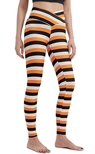 sissycos Damen Halloween Leggings Bedruckte Bunte Horror Skinny Soft Stretch Lang Hose(Orange gestreift,S) von sissycos