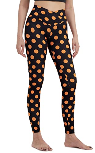 sissycos Damen Halloween Leggings Bedruckte Bunte Horror Skinny Soft Stretch Lang Hose(Orangefarbene Polka Dots,XL) von sissycos