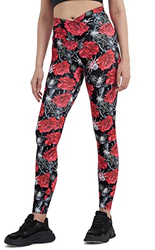 sissycos Damen Halloween Leggings Bedruckte Bunte Horror Skinny Soft Stretch Lang Hose(Rose und Spinnen,L) von sissycos