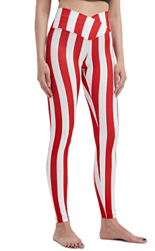 sissycos Damen Halloween Leggings Bedruckte Bunte Horror Skinny Soft Stretch Lang Hose(Rot-Weiß gestreift,XL) von sissycos