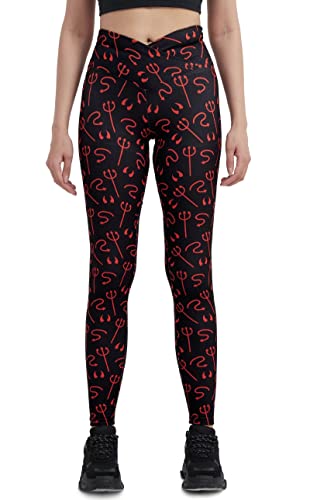 sissycos Damen Halloween Leggings Bedruckte Bunte Horror Skinny Soft Stretch Lang Hose(Roter Teufelshörnerschwanz,XL) von sissycos