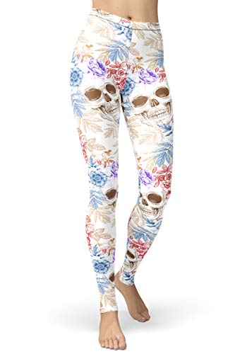 sissycos Damen Schädel Bedruckt Leggings, Bunte Skull Strumpfhosen Sanft Hosen Lang (Schädelgamaschen weiß,XL) von sissycos