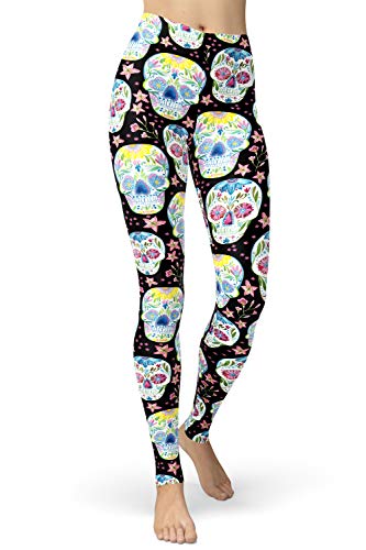 sissycos Damen Schädel Bedruckt Leggings, Bunte Skull Sanft Hosen Lang(Blume Skull,L-XXL) von sissycos