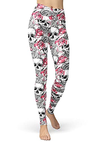 sissycos Damen Schädel Bedruckt Leggings, Bunte Skull Sanft Hosen Lang(Blume Skull-Rosa,L-XXL) von sissycos