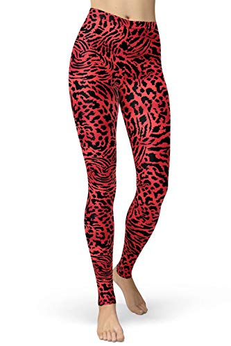 sissycos Damen Leopardenmuster Leggings Hohe Taille, Sanft Elastisch Jogginghose Strumpfhosen Lang(Blutroter Leopardenmuster,M) von sissycos