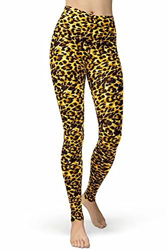 sissycos Damen Leopardenmuster Leggings Hohe Taille, Sanft Elastisch Jogginghose Strumpfhosen Lang(Leopard Leggings Gelb,S) von sissycos