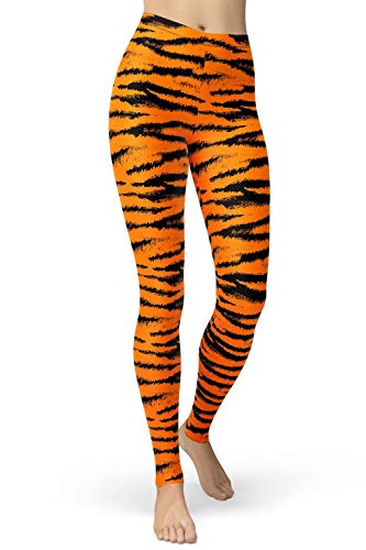 sissycos Damen Leopardenmuster Leggings Hohe Taille, Sanft Elastisch Jogginghose Strumpfhosen Lang(Orange Tiger Muster,S) von sissycos