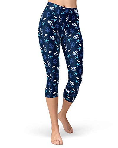 sissycos Damen Ozean Printed Capri Leggings 3/4 Hosen Bunte Koralle Sanft Workout Pants(Blauer Seestern,L/XXL) von sissycos