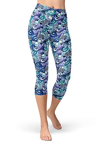 sissycos Damen Ozean Printed Capri Leggings 3/4 Hosen Bunte Koralle Sanft Workout Pants(Clustered Schnecken,S/L) von sissycos