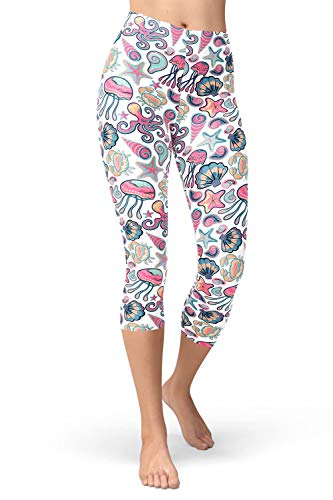 sissycos Damen Ozean Printed Capri Leggings 3/4 Hosen Bunte Koralle Sanft Workout Pants(Quallen & Tintenfisch,S/L) von sissycos