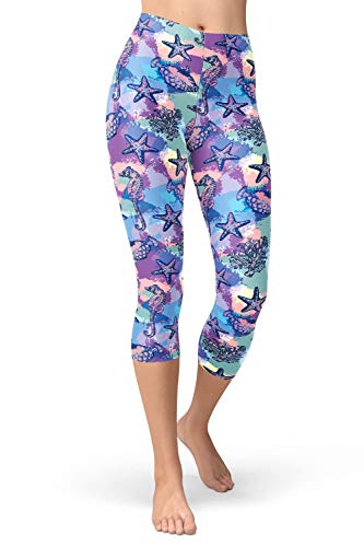 sissycos Damen Ozean Printed Capri Leggings 3/4 Hosen Bunte Koralle Sanft Workout Pants(Seepferdchen & Fisch,S/L) von sissycos