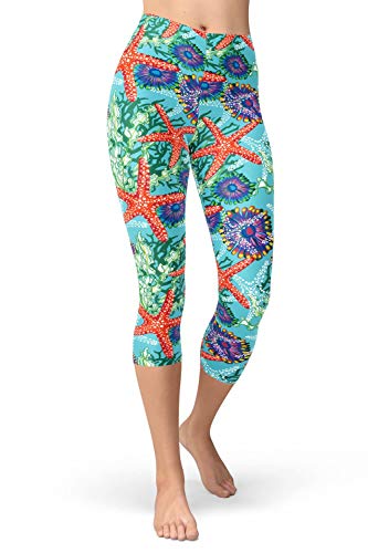sissycos Damen Ozean Printed Capri Leggings 3/4 Hosen Bunte Koralle Sanft Workout Pants(Seestern & Blumen,S/L) von sissycos