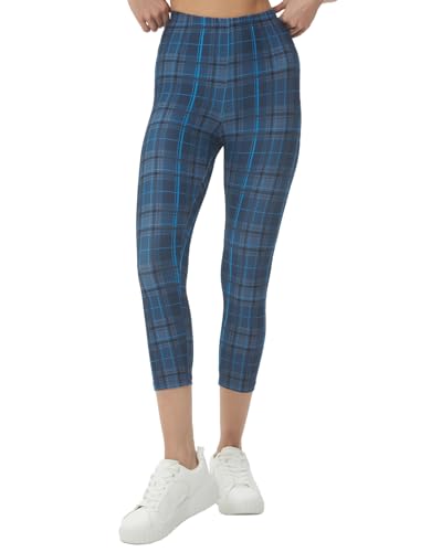 sissycos Damen Plaid 3/4 kurz Leggings sanft Elastische Taille Leggings(Marineblau,L/XXL) von sissycos