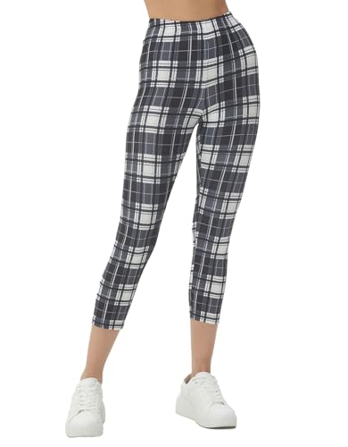 sissycos Damen Plaid 3/4 kurz Leggings sanft Elastische Taille Leggings(Schwarz und Weiß,L/XXL) von sissycos