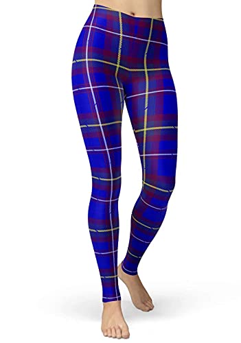 sissycos Damen Plaid Leggings, Tartan Karo Leggings mit für Damen, Yoga Mädchen Fashion Stretch Leggins Lang(Blaues Plaid,L-XXL) von sissycos