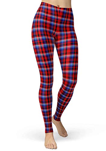 sissycos Damen Plaid Leggings, Tartan Karo Leggings mit für Damen, Yoga Mädchen Fashion Stretch Leggins Lang(Roter Streifen,L-XXL) von sissycos