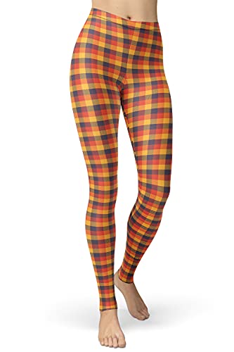 sissycos Damen Plaid Leggings, Tartan Karo Leggins Hosen für Damen, Yoga Mädchen Fashion Stretch Tight Lang (Mapel Leaf Yellow Plaid, L-XXL) von sissycos