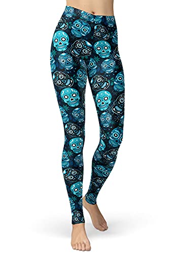 sissycos Damen Schädel Bedruckt Leggings, Bunte Skull Sanft Hosen Lang(Blau Skull,L-XXL) von sissycos