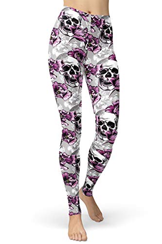 sissycos Damen Schädel Bedruckt Leggings, Bunte Skull Sanft Hosen Lang(Blume Skull-Lila,L-XXL) von sissycos