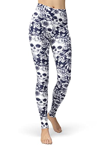 sissycos Damen Schädel Bedruckt Leggings, Bunte Skull Sanft Hosen Lang(blau-weißer Schädel,L-XXL) von sissycos