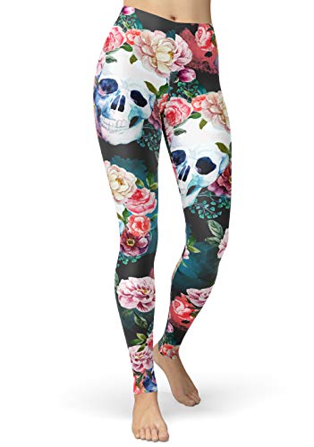 sissycos Damen Schädel Bedruckt Leggings, Bunte Skull Strumpfhosen Sanft Hosen Lang (Blumen und Schädel,XXL) von sissycos