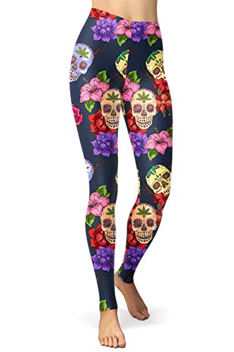 sissycos Damen Schädel Bedruckt Leggings, Bunte Skull Strumpfhosen Sanft Hosen Lang (Blumenschädel,S) von sissycos