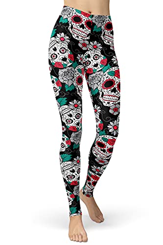 sissycos Damen Schädel Bedruckt Leggings, Bunte Skull Strumpfhosen Sanft Hosen Lang (Cartoon Totenkopf & Blumen, L) von sissycos