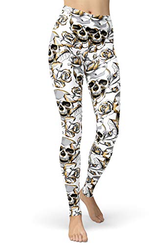 sissycos Damen Schädel Bedruckt Leggings, Bunte Skull Strumpfhosen Sanft Hosen Lang (Goldrose Schädel,M) von sissycos