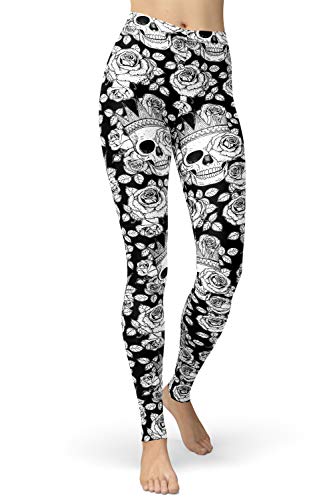 sissycos Damen Schädel Bedruckt Leggings, Bunte Skull Strumpfhosen Sanft Hosen Lang (Kronenschädel Schwarz und Weiß,L) von sissycos