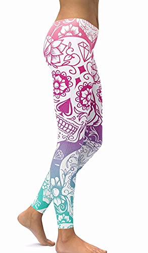 sissycos Damen Schädel Bedruckt Leggings, Bunte Skull Strumpfhosen Sanft Hosen Lang (Leggings hellrot,XL) von sissycos