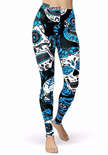 sissycos Damen Schädel Bedruckt Leggings, Bunte Skull Strumpfhosen Sanft Hosen Lang (Skull Legging-blau,L) von sissycos