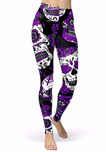 sissycos Damen Schädel Bedruckt Leggings, Bunte Skull Strumpfhosen Sanft Hosen Lang (Skull Legging-lila,L) von sissycos