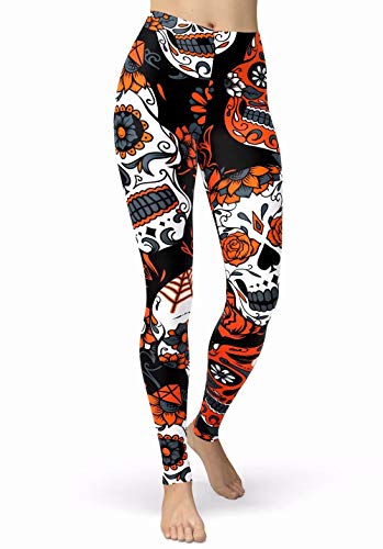 sissycos Damen Schädel Bedruckt Leggings, Bunte Skull Strumpfhosen Sanft Hosen Lang (Skull Legging-orange,L) von sissycos