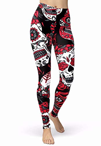 sissycos Damen Schädel Bedruckt Leggings, Bunte Skull Strumpfhosen Sanft Hosen Lang (Skull Legging-rot,M) von sissycos