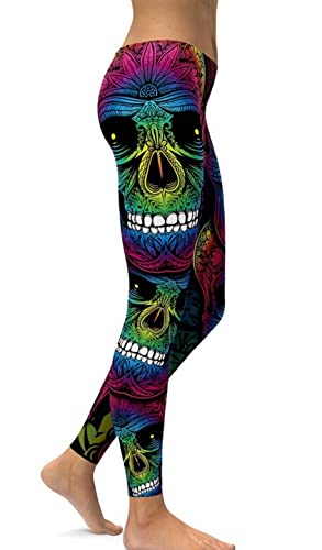 sissycos Damen Schädel Bedruckt Leggings, Bunte Skull Strumpfhosen Sanft Hosen Lang (Skull Leggings bunt,XL) von sissycos