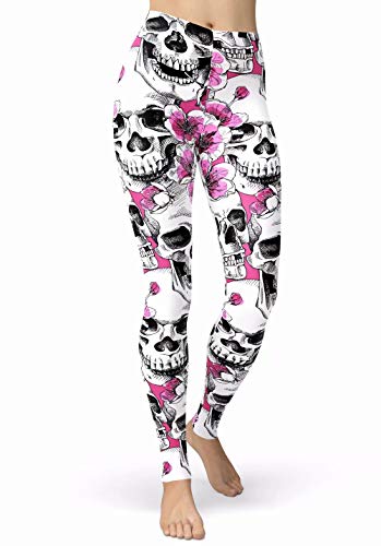 sissycos Damen Schädel Bedruckt Leggings, Bunte Skull Strumpfhosen Sanft Hosen Lang (Skull Leggings-rosa Blume,S) von sissycos