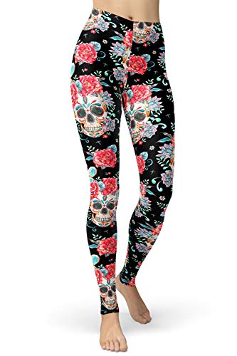 sissycos Damen Schädel Bedruckt Leggings, Bunte Skull Strumpfhosen Sanft Hosen Lang (Vintage Schädel und Rosen,XL) von sissycos