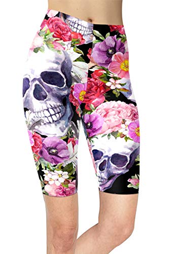 sissycos Damen Schädeldruck Kurze Leggings, Totenkopf Print 80er Jahre Radlerhose, Mädchen Artistic Coole Shorts(Lila Schädel,L/XXL) von sissycos