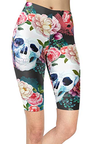 sissycos Damen Schädeldruck Kurze Leggings, Totenkopf Print 80er Jahre Radlerhose, Mädchen Artistic Coole Shorts(Schädel mit Kamelie,L/XXL) von sissycos