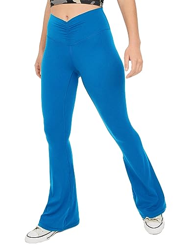 sissycos Damen Schlaghose Hohe Taille Ruched Flared Legging 80CM, Blickdicht Freizeit Yogahose Lang Für Laufen Fitness Sport Gym(Poolside Blau,M) von sissycos