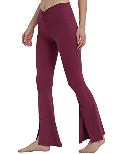 sissycos Damen Schlaghose Hohe Taille Ruched Slit Flared Legging 80CM, Blickdicht Freizeit Yogahose Lang Für Laufen Fitness Sport Gym(Magenta,L) von sissycos