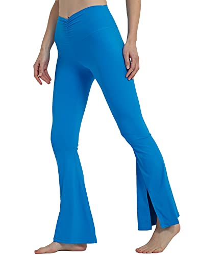 sissycos Damen Schlaghose Hohe Taille Ruched Slit Flared Legging 80CM, Blickdicht Freizeit Yogahose Lang Für Laufen Fitness Sport Gym(Poolside Blau,S) von sissycos