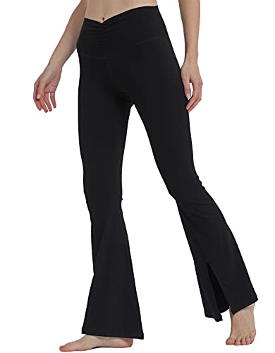 sissycos Damen Schlaghose Hohe Taille Ruched Slit Flared Legging 80CM, Blickdicht Freizeit Yogahose Lang Für Laufen Fitness Sport Gym(Schwarz,L) von sissycos