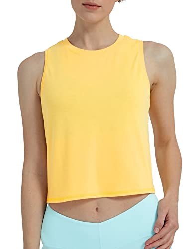 sissycos Damen Sport Crop Tank Top Ärmellos, Sanft Kurze Racerback Shirt Rundem Ausschnitt für Fitness Yoga Beiläufig(Dottergelb,L) von sissycos