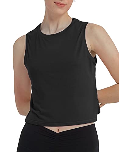 sissycos Damen Sport Crop Tank Top Ärmellos, Sanft Kurze Racerback Shirt Rundem Ausschnitt für Fitness Yoga Beiläufig(Schwarz,L) von sissycos