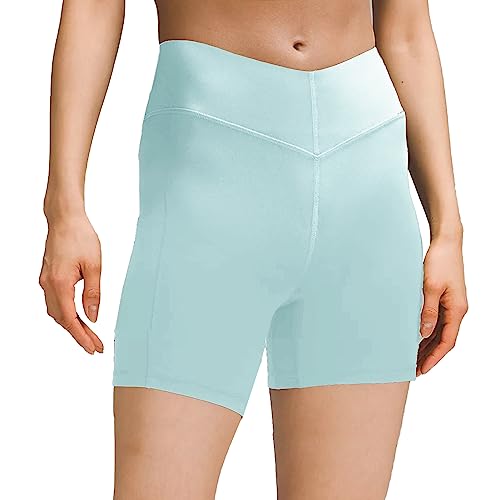 sissycos Damen Sportshorts mit Taschen V Cross, Leggings Kurz für Fitness Gym Strumpfshort, Elastische Radlerhose Sweatpants 10cm(Kreide Blau,L) von sissycos